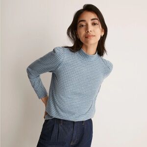 Madewell Light Blue with White Dots Jacquard Puff-Sleeve Mockneck Top, Size S